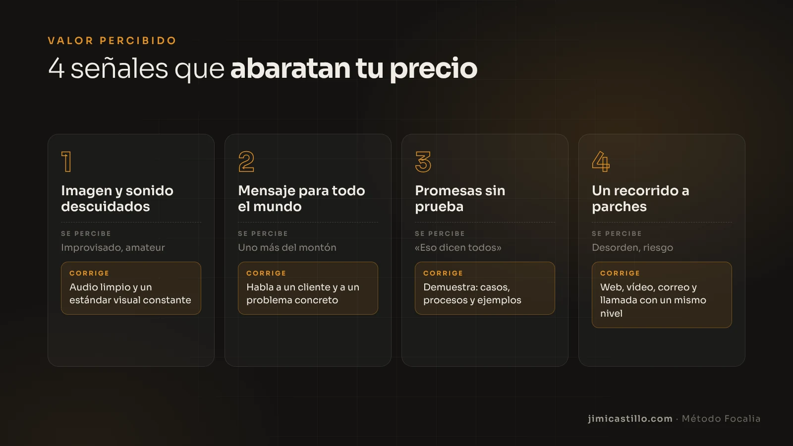 Las 4 señales que bajan el valor percibido de tu contenido: imagen y sonido descuidados, mensaje para todo el mundo, promesas sin prueba y un recorrido a parches, cada una con su corrección